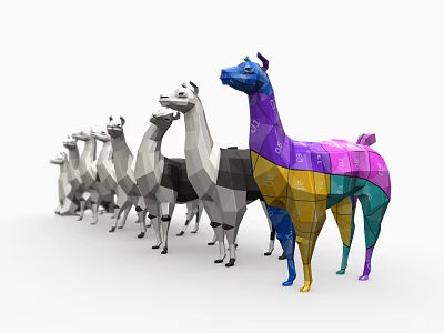 Colorful And Monochrome Llamas In Low Poly 3D Design Line Arrangement 3d model