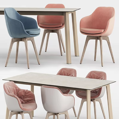 Modern Dining Table And Chair Set With Blue Pink Chairs And Wooden Legs 3d model