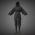 Hooded Dark Colored Robe With Wide Sleeves And Brown Belt Design