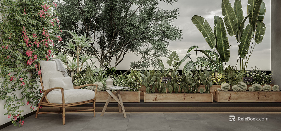 Lush Home Balcony Design With Green Plants Outdoor Chair And Wooden Side Table 3d model 