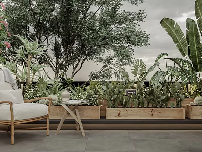 Lush Home Balcony Design With Green Plants Outdoor Chair And Wooden Side Table 3d model