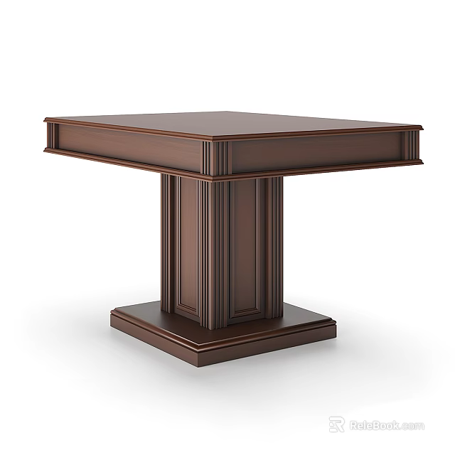 Dark Brown Square Solid Wood Dining Table With Pedestal Base And Decorative Lines 3d model