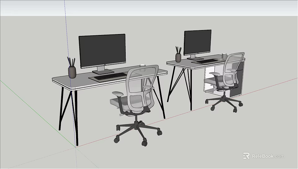 Modern Office Workspace With Dual Computer Desks Ergonomic Chairs And Monitors 3d model 