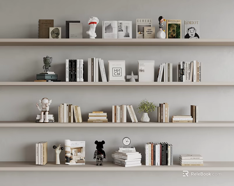 Modern Minimalist Books And Magazines On Gray Shelves With Decorative Figurines Vase And Clock 3d model 
