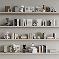 Modern Minimalist Books And Magazines On Gray Shelves With Decorative Figurines Vase And Clock