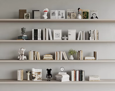 Modern Minimalist Books And Magazines On Gray Shelves With Decorative Figurines Vase And Clock 3d model