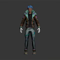 Blue Haired 3D Character Wearing Brown Jacket Green Lining Gray Pants White Gloves Pink Shoes