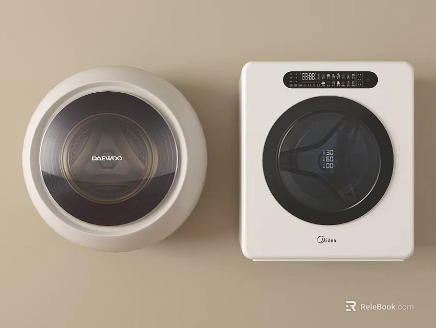 Modern White Washing Machines With Transparent Door And Control Panel Design 3d model