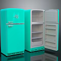 Vintage Style Turquoise Refrigerators With Open Doors And Interior Shelves