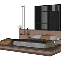 Modern Double Bed with Black Lattice Headboard White Yellow Pillows Floor Lamps and Padded Stool