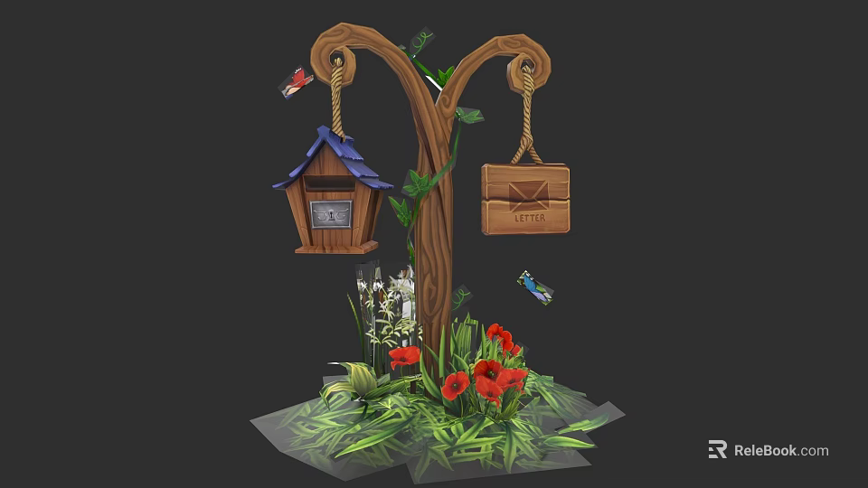 Garden Ornament with Tree Stump Birdhouse Mailbox Green Plants Red Flowers Butterflies 3d model 