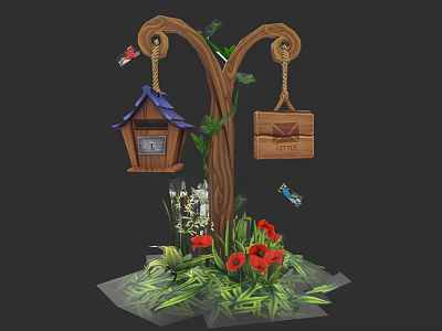 Garden Ornament with Tree Stump Birdhouse Mailbox Green Plants Red Flowers Butterflies 3d model
