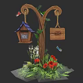 Garden Ornament with Tree Stump Birdhouse Mailbox Green Plants Red Flowers Butterflies