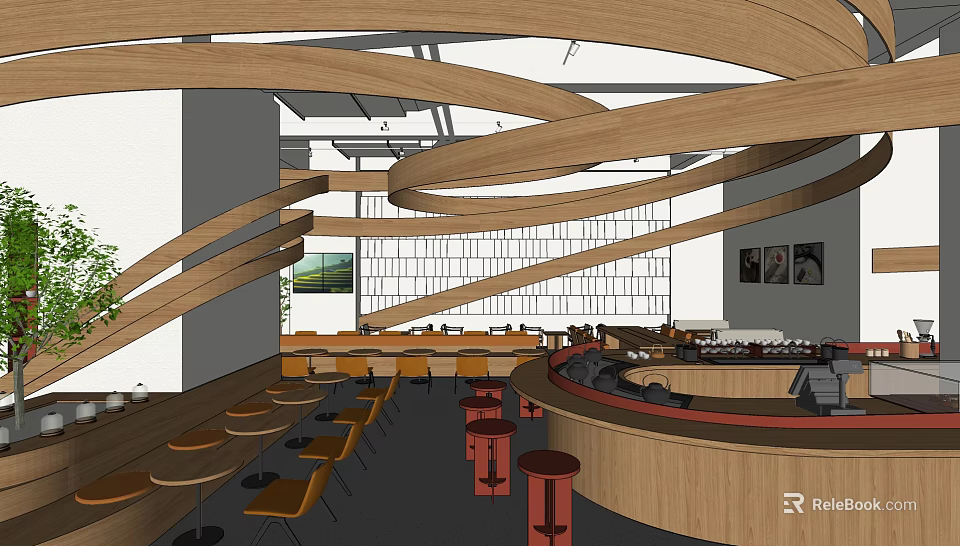 Modern Tea House Interior With Curved Wooden Structures Circular Bar Round Tables And Yellow Chairs 3d model 