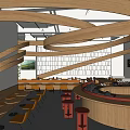 Modern Tea House Interior With Curved Wooden Structures Circular Bar Round Tables And Yellow Chairs