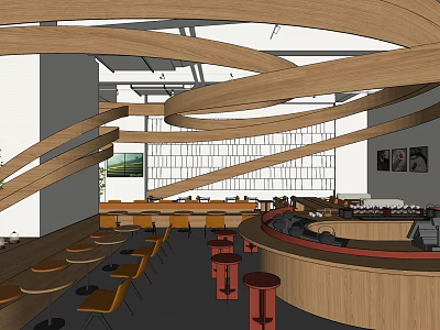 Modern Tea House Interior With Curved Wooden Structures Circular Bar Round Tables And Yellow Chairs 3d model