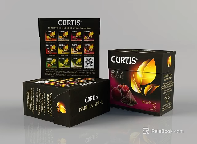 Decorative Ornament Set Comprising Curtis Coffee Tea Boxes With Black Yellow Leaf And Cherry Patterns 3d model 