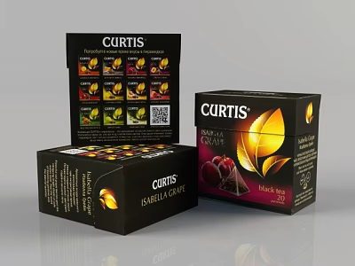 Decorative Ornament Set Comprising Curtis Coffee Tea Boxes With Black Yellow Leaf And Cherry Patterns 3d model