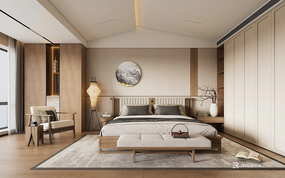 Modern Bedroom Interior Design With Natural Wood Furniture Decorative Artwork And Area Rug 3d model 
