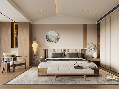 Modern Bedroom Interior Design With Natural Wood Furniture Decorative Artwork And Area Rug 3d model