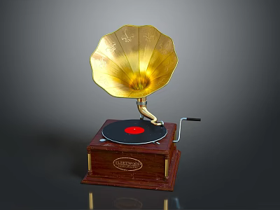 Vintage Gramophone With Golden Horn Wooden Base Black Vinyl Record Red Center 3d model
