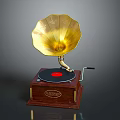Vintage Gramophone With Golden Horn Wooden Base Black Vinyl Record Red Center