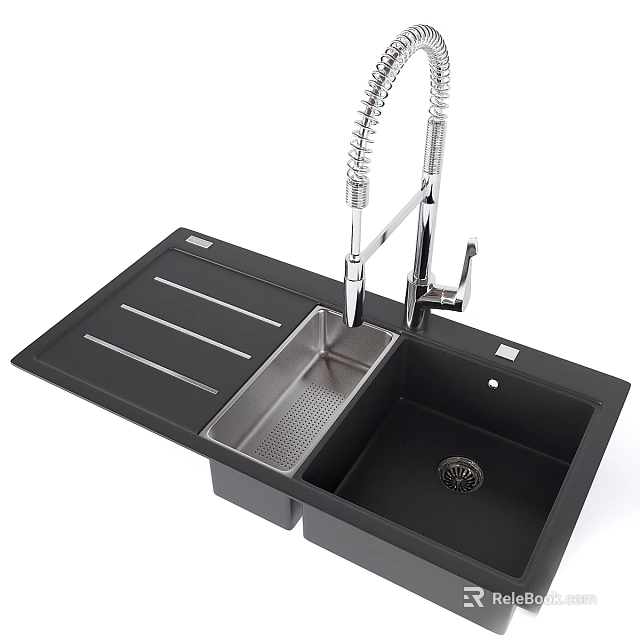 Modern Black Kitchen Sink With Double Bowl Stainless Steel Faucet And Drainboard Design 3d model 