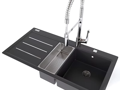 Modern Black Kitchen Sink With Double Bowl Stainless Steel Faucet And Drainboard Design 3d model