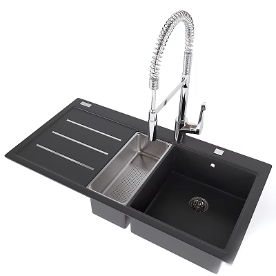 Modern Black Kitchen Sink With Double Bowl Stainless Steel Faucet And Drainboard Design 3d model