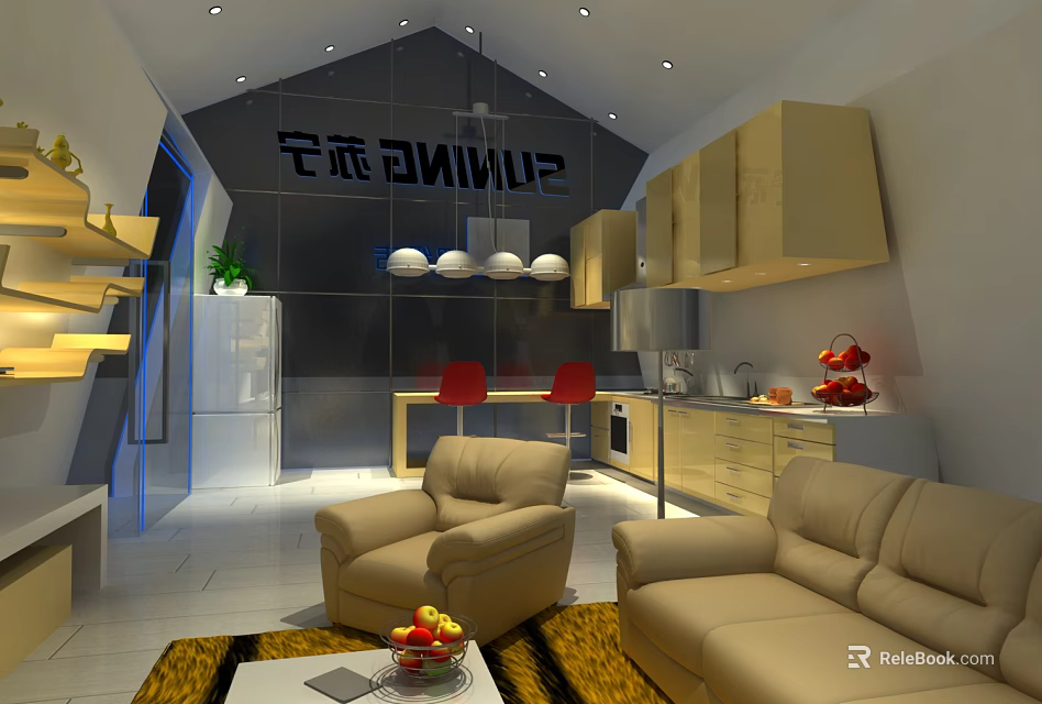 Modern Open Kitchen Interior With Island Counter Sofa Chairs And Cabinets 3d model 