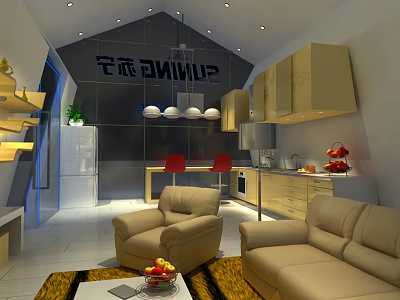 Modern Open Kitchen Interior With Island Counter Sofa Chairs And Cabinets 3d model