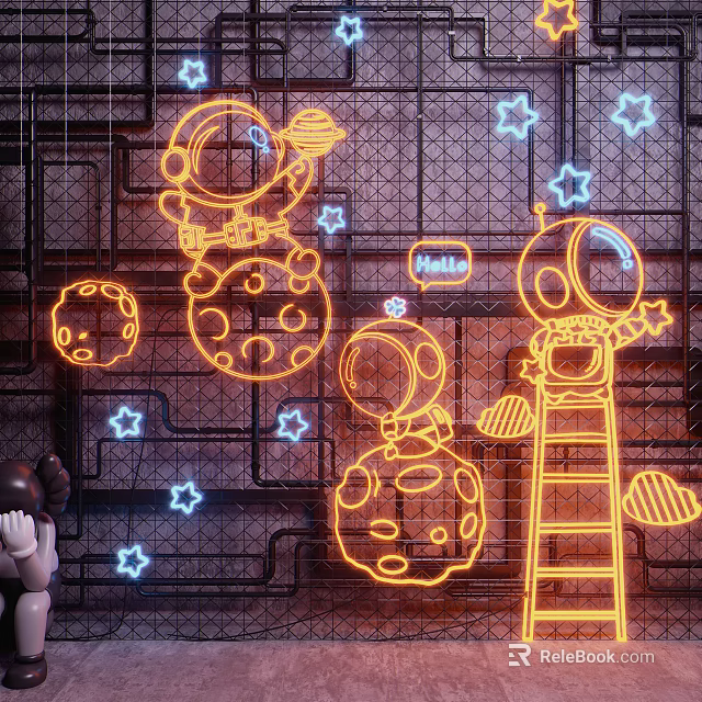 Decorative Neon Lights With Astronaut Moon And Stars On Grid Background 3d model 