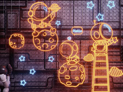 Decorative Neon Lights With Astronaut Moon And Stars On Grid Background 3d model