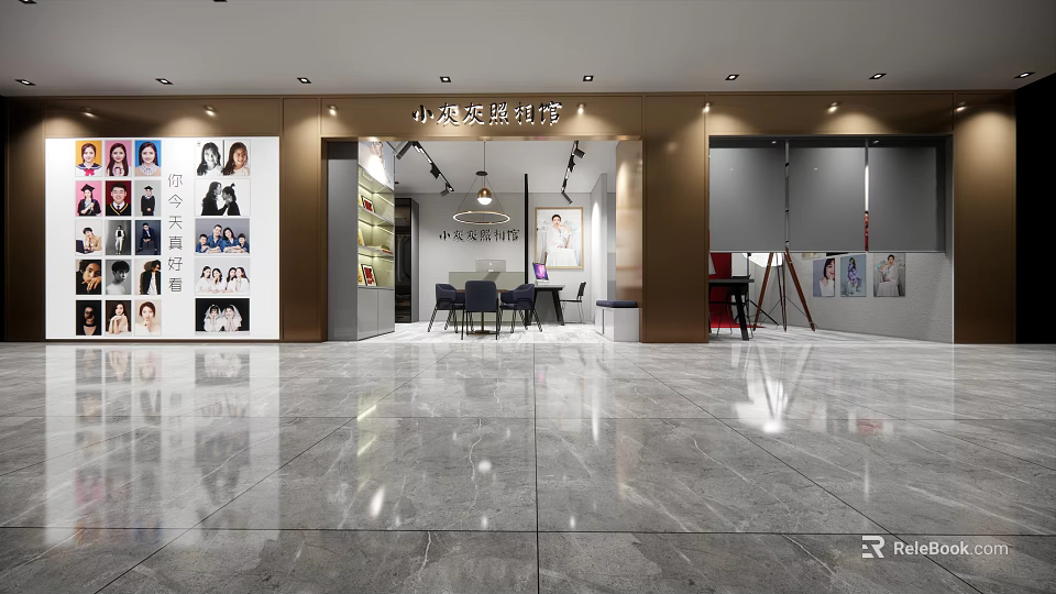 Elegant Lifestyle Studio Interior With Display Posters Tables Mirrors And Marble Floor 3d model 