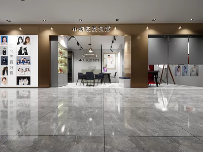 Elegant Lifestyle Studio Interior With Display Posters Tables Mirrors And Marble Floor 3d model