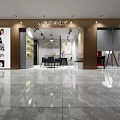 Elegant Lifestyle Studio Interior With Display Posters Tables Mirrors And Marble Floor