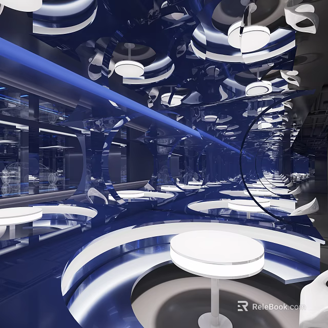 Contemporary Blue And White Interior Space With Curved Round Tables And Ceiling Lights 3d model 