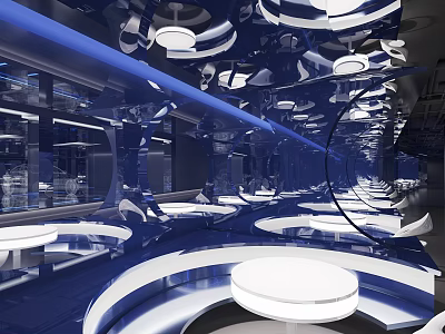 Contemporary Blue And White Interior Space With Curved Round Tables And Ceiling Lights 3d model