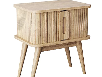 Modern Wooden Bedside Table with Vertical Striped Panel Single Door Handle and Slim Legs 3d model
