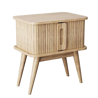 Modern Wooden Bedside Table with Vertical Striped Panel Single Door Handle and Slim Legs 3d model