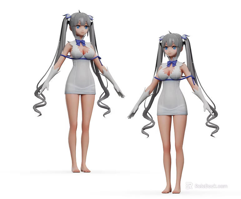 Game Movie Character White Dress Long Gray Hair Twin Tails Blue Bow White Gloves Barefoot 3d model 