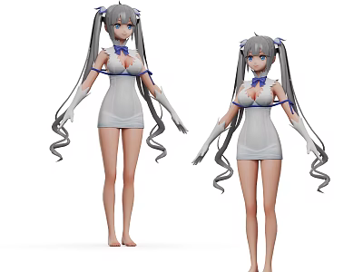 Game Movie Character White Dress Long Gray Hair Twin Tails Blue Bow White Gloves Barefoot 3d model