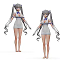 Game Movie Character White Dress Long Gray Hair Twin Tails Blue Bow White Gloves Barefoot