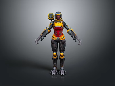 Futuristic Sci-Fi Game and Movie Character with Yellow Red Black Armor and Mechanical Combat Gear 3d model