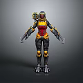 Futuristic Sci-Fi Game and Movie Character with Yellow Red Black Armor and Mechanical Combat Gear