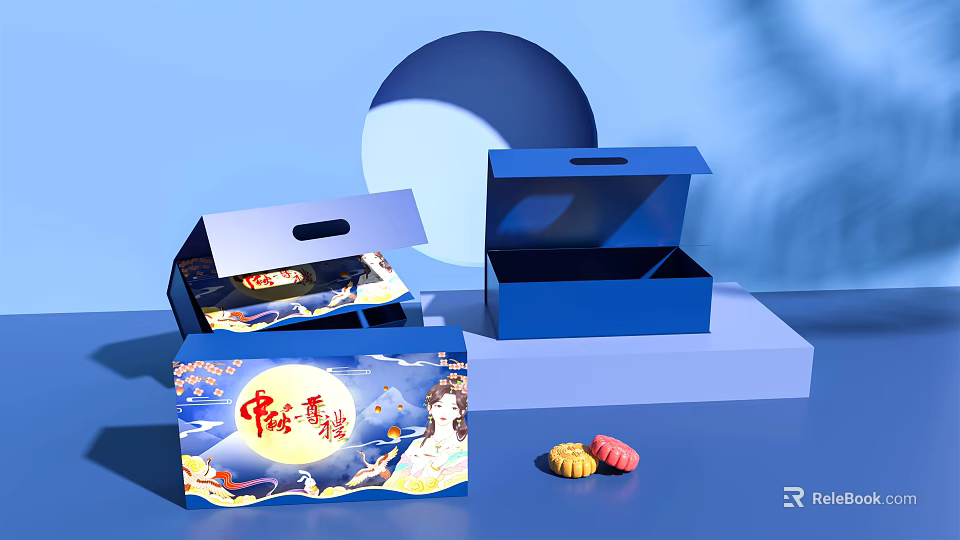 Mid-Autumn Themed Decorative Ornament Set With Blue Boxes And Mooncake Shaped Decorations 3d model 