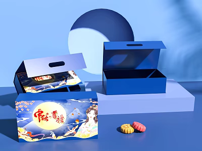 Mid-Autumn Themed Decorative Ornament Set With Blue Boxes And Mooncake Shaped Decorations 3d model