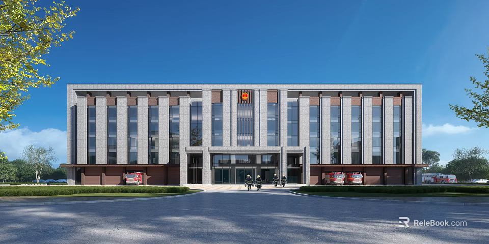 Modern Office Building With Gray Glass Facade Red Logo Spacious Entrance Front Road And Greenery 3d model 