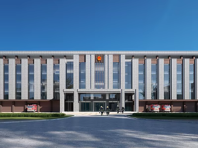 Modern Office Building With Gray Glass Facade Red Logo Spacious Entrance Front Road And Greenery 3d model