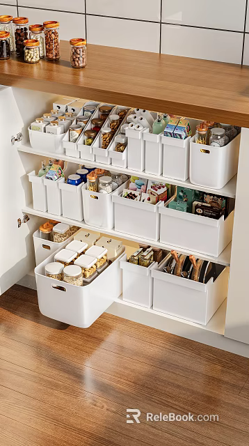 Kitchen Storage Organizer Set with White Bins Drawers in Cabinets Holding Food Spices Utensils 3d model 